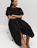 Pure Cotton Puff Sleeve Midi Waisted Dress