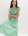 Gingham Puff Sleeve Midi Waisted Dress