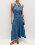 Denim Halter Neck Midi Column Dress