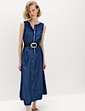 Denim Zip Up Drop Waist Midi Dress