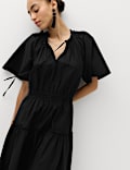 Pure Cotton Tie Neck Midi Waisted Dress