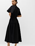 Pure Cotton Tie Neck Midi Waisted Dress