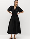 Pure Cotton Tie Neck Midi Waisted Dress
