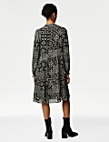 Printed Tie Neck Knee Length Tiered Dress