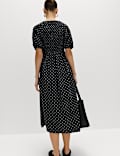 Cotton Rich Printed Puff Sleeve Midi Waisted Dress