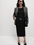 Cotton Blend Round Neck Midi Column Dress