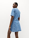 Denim V-Neck Button Through Mini Swing Dress