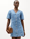 Denim V-Neck Button Through Mini Swing Dress