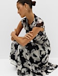 Mesh Floral Ruched Midi Waisted Dress