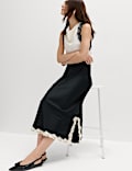 Satin Lace Trim Midi Slip Skirt
