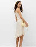 Satin Cowl Neck Lace Insert Midi Slip Dress
