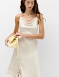 Satin Cowl Neck Lace Insert Midi Slip Dress