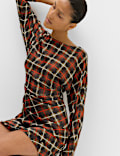 Checked Ruched Long Sleeve Mini Waisted Dress