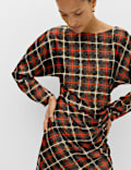 Checked Ruched Long Sleeve Mini Waisted Dress