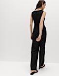 Linen Blend Tie Detail Waisted Jumpsuit