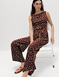 Linen Blend Printed Belted Jumpsuit
