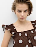Pure Cotton Polka Dot Midi Shirred Dress