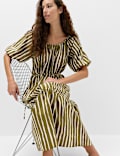 Robe midi 100 % coton &agrave; imprim&eacute; et taille ajust&eacute;e