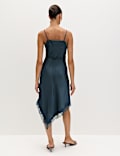 Satin Cowl Neck Lace Trim Midi Slip Dress