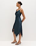 Satin Cowl Neck Lace Trim Midi Slip Dress