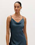 Satin Cowl Neck Lace Trim Midi Slip Dress