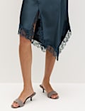 Satin Cowl Neck Lace Trim Midi Slip Dress