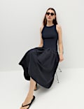 Jersey Ribbed Midi Drop Waist Dress