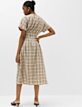 Pure Cotton Checked V-Neck Midi Waisted Dress