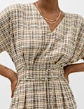 Pure Cotton Checked V-Neck Midi Waisted Dress