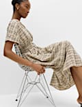 Pure Cotton Checked V-Neck Midi Waisted Dress