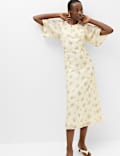 Floral Angel Sleeve Midi Waisted Dress