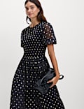 Metallic Spot Print Midi Waisted Dress