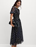 Metallic Spot Print Midi Waisted Dress