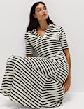 Jersey Striped V-Neck Midi Waisted Dress