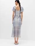 Checked Frill Sleeve Maxi Column Dress