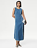 Denim Round Neck Midi Shift Dress