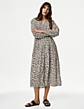 Textured Printed V-Neck Midi Tea Dress