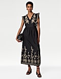 Pure Cotton Embroidered V-Neck Midi Dress | BLACK | Dresses | M&S US