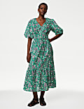 Pure Cotton Printed V-Neck Tiered Midi Dress