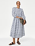 Robe midi en coton à taille ajustée avec imprimé