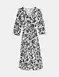 Robe midi à col V, motif fleuri et volants