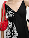 Linen Blend Embroidered V-Neck Slip Dress