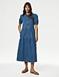 Denim Button Front Midi Tiered Dress