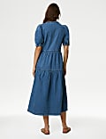 Denim Button Front Midi Tiered Dress