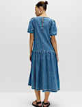 Denim Puff Sleeve Midi Drop Waist Dress