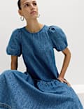 Denim Puff Sleeve Midi Drop Waist Dress