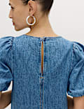 Denim Puff Sleeve Midi Drop Waist Dress