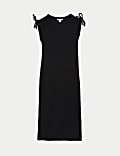 Cotton Rich Round Neck Ruched Midi Column Dress