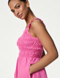 Pure Cotton Square Neck Midi Shirred Dress
