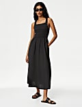 Pure Cotton Square Neck Midi Shirred Dress